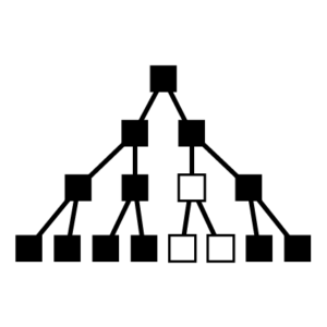 A diagram to show how the cell divides into two cells, and each of those cells divide into two. Some of the squares at the bottom are white. 