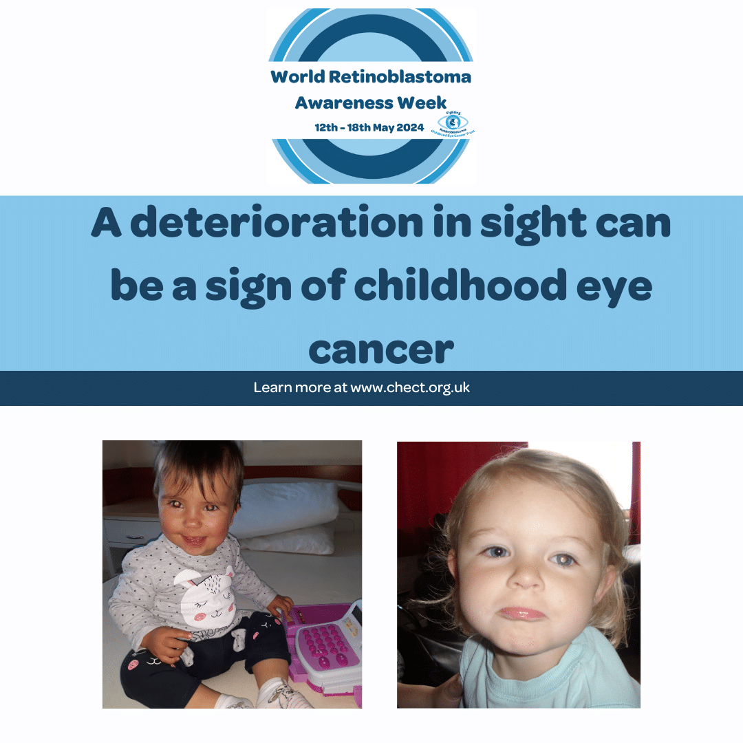 text reads a deterioration in sight can be a sign of childhood eye cancer