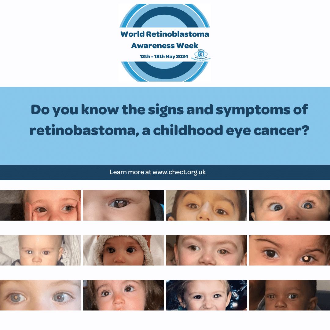 Text reads: do you know the signs and symptoms of retinoblastoma, childhood eye cancer?
