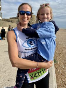 Hayley is hugging her daughter at the virtual London Marathon