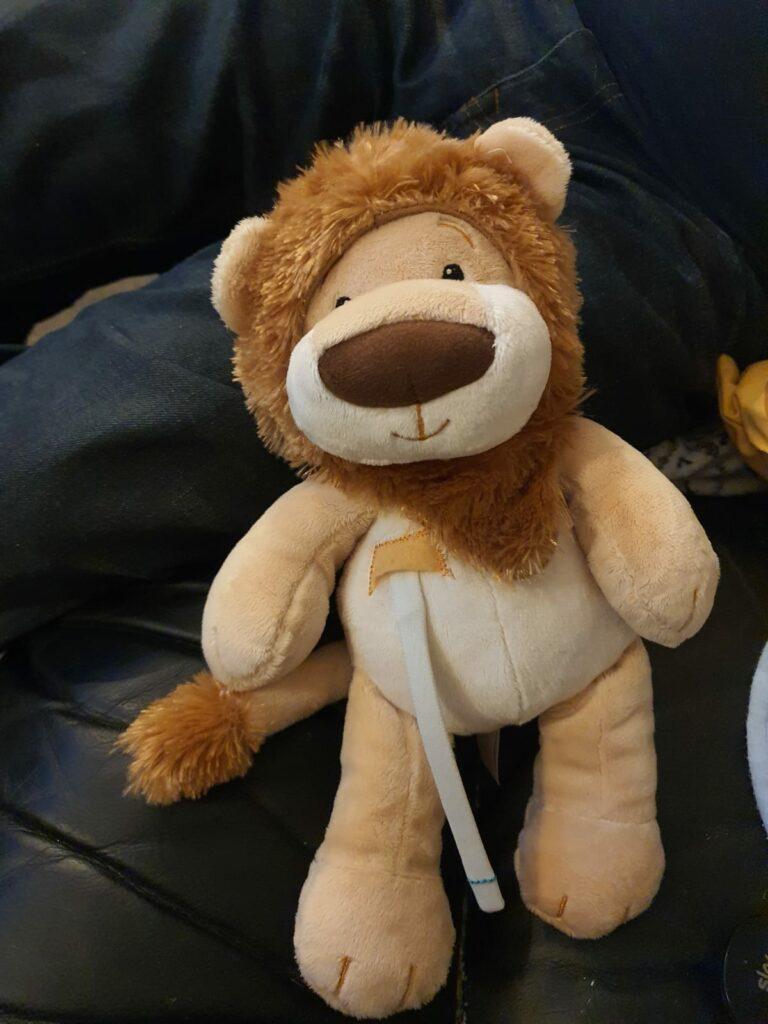 a lion teddy with a line 