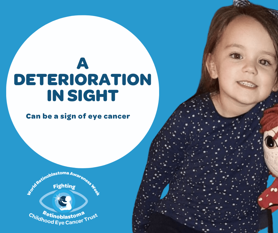 text reads a deterioration in sight can be a sign of childhood eye cancer