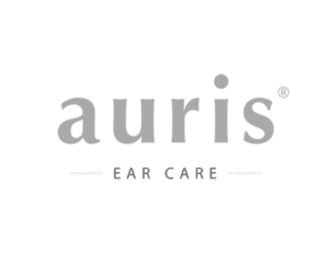 Auris Ear Care logo has Auris written in large serifed letters above ear care written in sans-serif. 