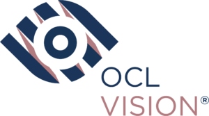 OCL Vision logo is a fragmented eye shape in a dark blue and dark pink. 
