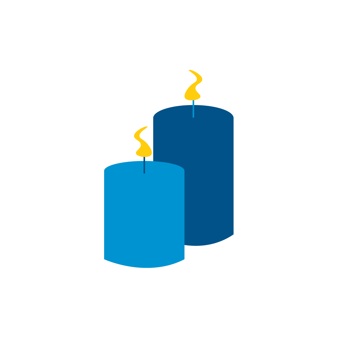 In mem Icon showing two candles side by side to representing giving in memory to the childhood eye cancer trust