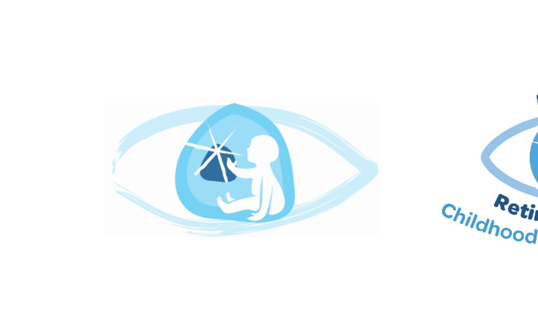 Three logos related to retinoblastoma awareness and support are displayed side by side. The first logo on the left is in dark blue and features a stylized outline of an eye containing the silhouette of a sitting baby facing right. Below it reads "The Retinoblastoma Society" in bold blue letters. The middle logo has a more modern, artistic design with varying shades of light blue. It also features an eye outline with a sitting baby inside, facing right, with a starburst shape in front of the baby’s eye, symbolizing focus or vision. The third logo on the right uses light blue and dark blue tones. It also features an eye outline with a baby and a starburst inside. Above the eye is the word "Fighting," and below are the words "Retinoblastoma Childhood Eye Cancer Trust," with "Retinoblastoma" in bold and larger font. All logos symbolize support for childhood eye cancer.