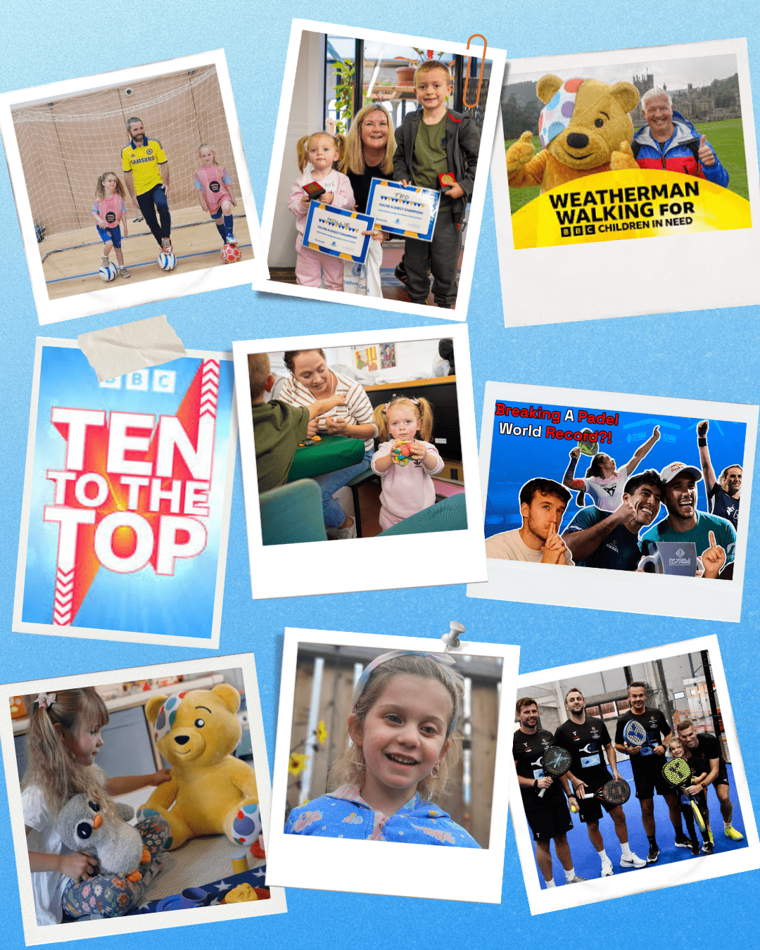A collage of cheerful photos showing members and supporters of the Childhood Eye Cancer Trust (CHECT) featured in recent coverage. Images include: children smiling and holding certificates; a footballer and two children playing football indoors; a BBC Weatherman Walking for Children in Need poster; a BBC Ten to the Top logo; a child playing with colourful toys; a child playing with a Pudsey Bear soft toy and Pip the Penguin; a smiling young girl outdoors; and a group of people with padel rackets celebrating a sporting achievement. The collage celebrates recent media appearances highlighting families affected by retinoblastoma and their supporters.